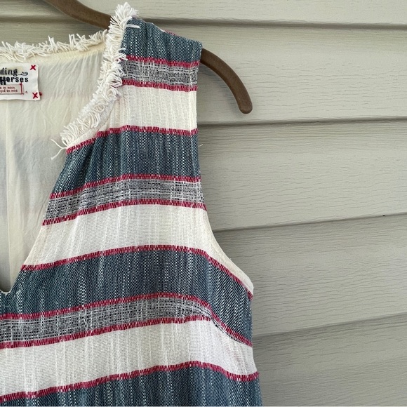 Anthropologie Holding Horses Stripe Cream Blue Fringe Shift Dress Size 4 - Picture 6 of 14